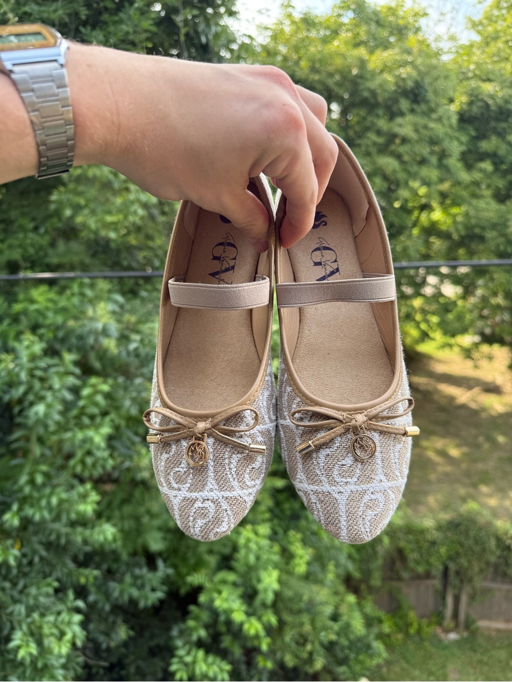 Women’s Beige Jacquard Ballet Flats with Bow Detail